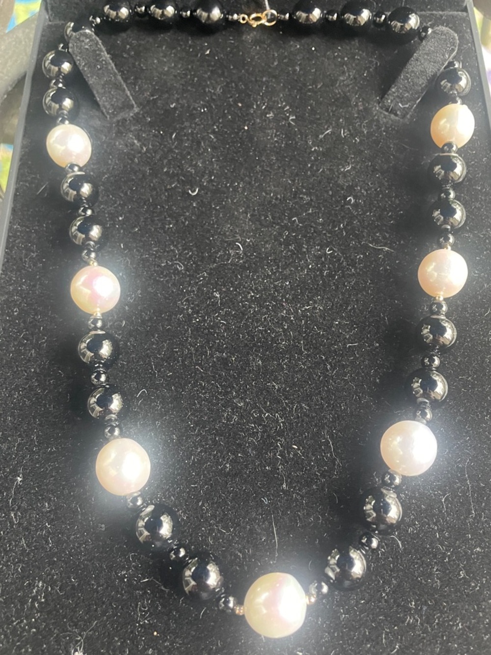 NWT White Cultured Freshwater Pearl & Black Agate 14k Yellow Gold 18” Necklace